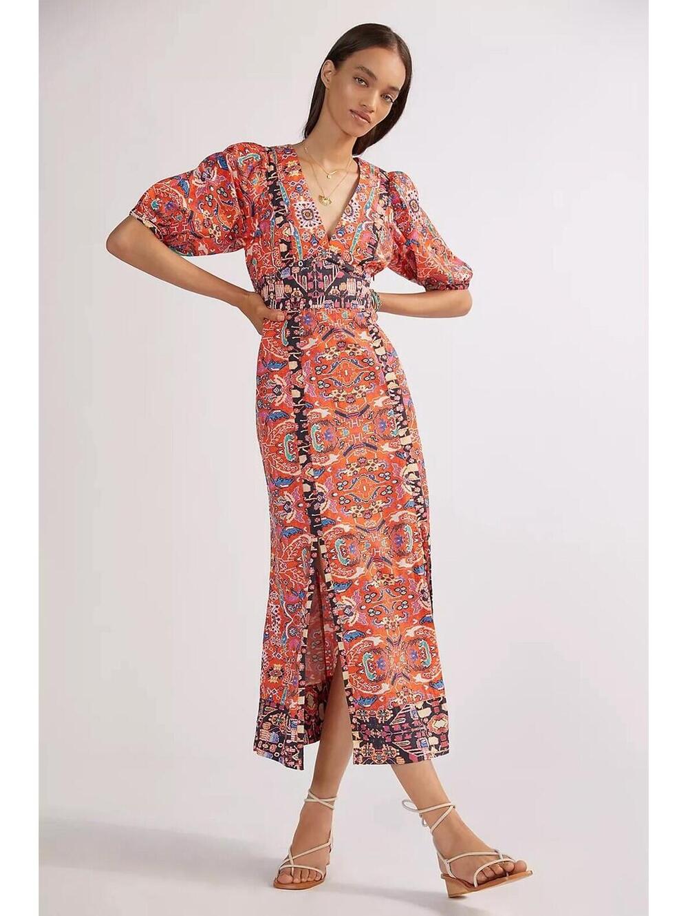 Anthropologie Women's Floral Abstract Tribal Print Midi Dress Boho Size 2 (XS)